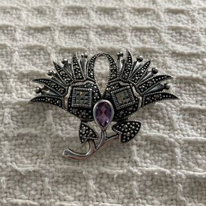 Gorgeous Stirling Silver Thistle Pin With Marcasite & Pear Shape Amethyst Stone